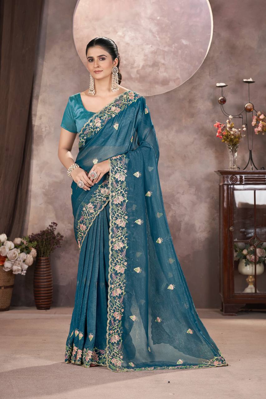 Teal Blue Gold Crunchy Silk Saree