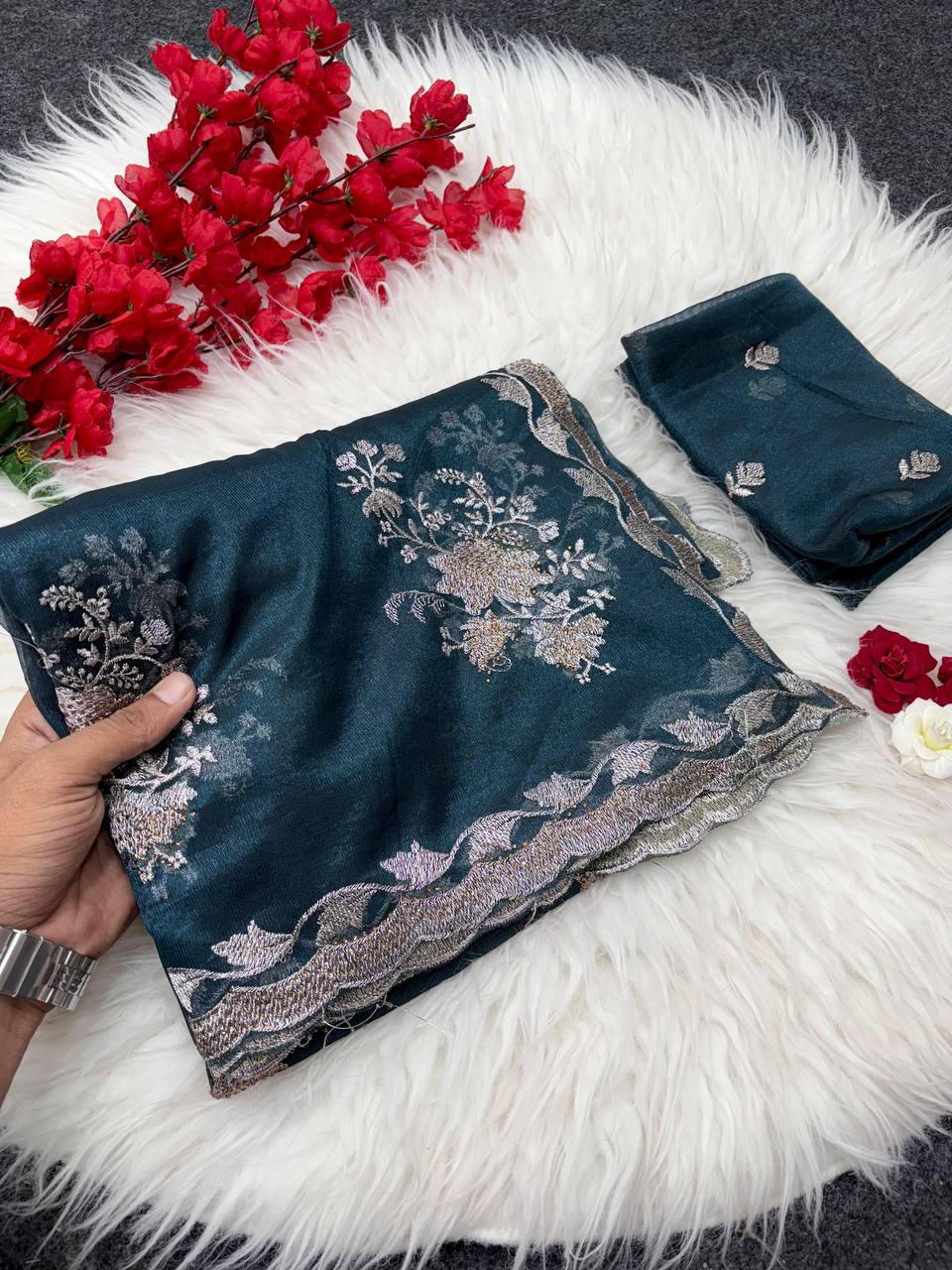 Teal Blue Party Wear Floral Embroidered Organza Saree