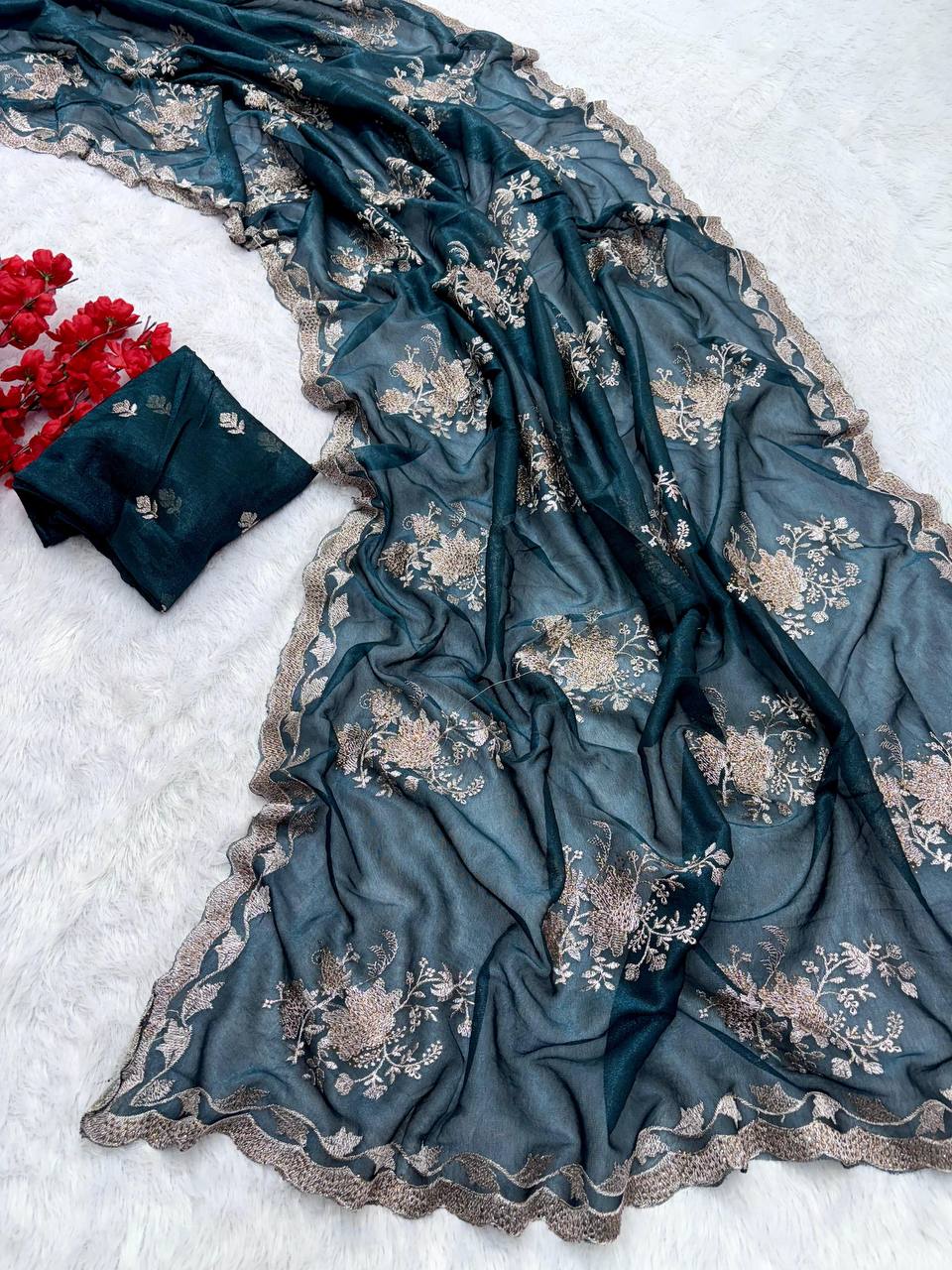Teal Blue Party Wear Floral Embroidered Organza Saree