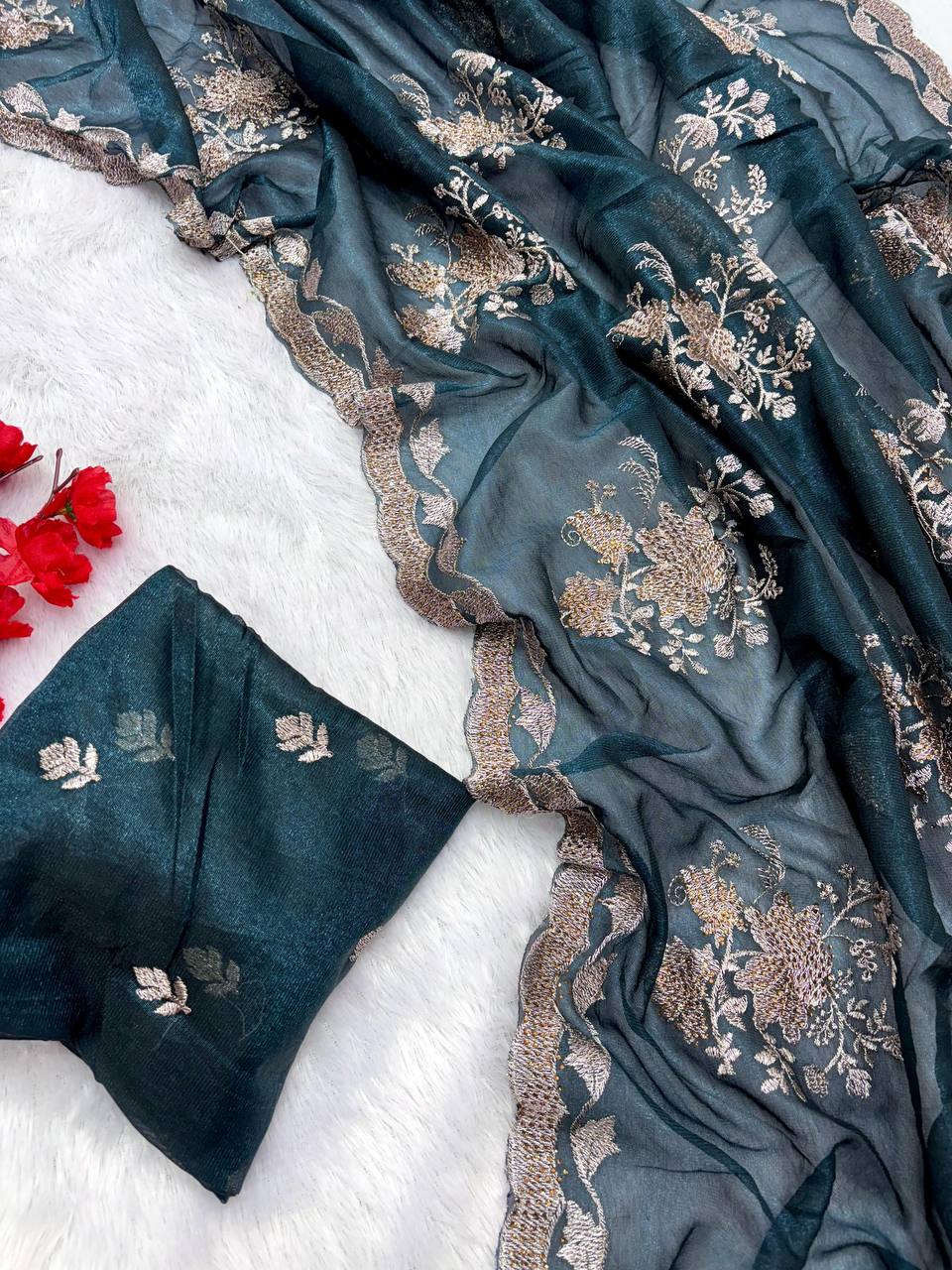 Teal Blue Party Wear Floral Embroidered Organza Saree