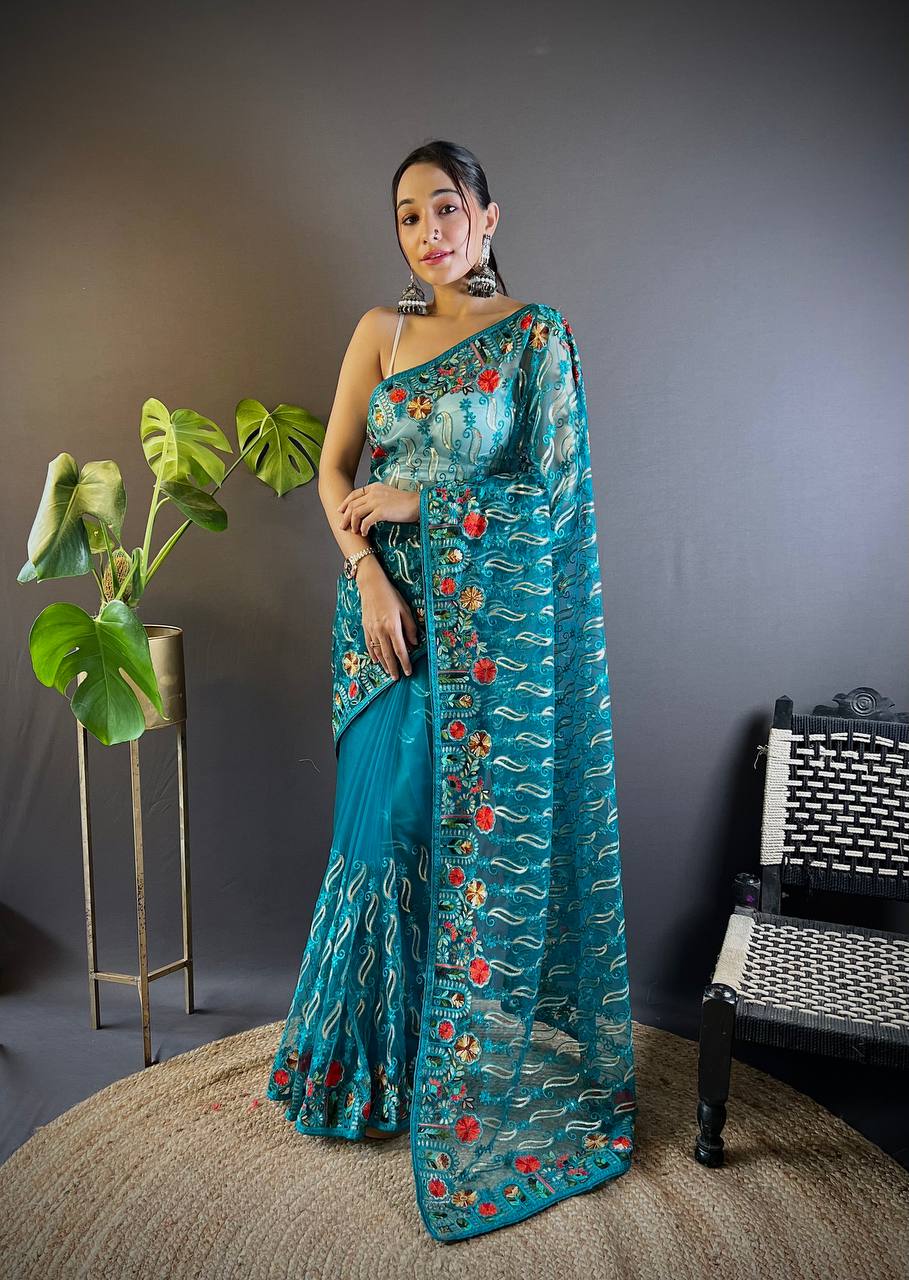 Teal Designer Butterfly Net Saree