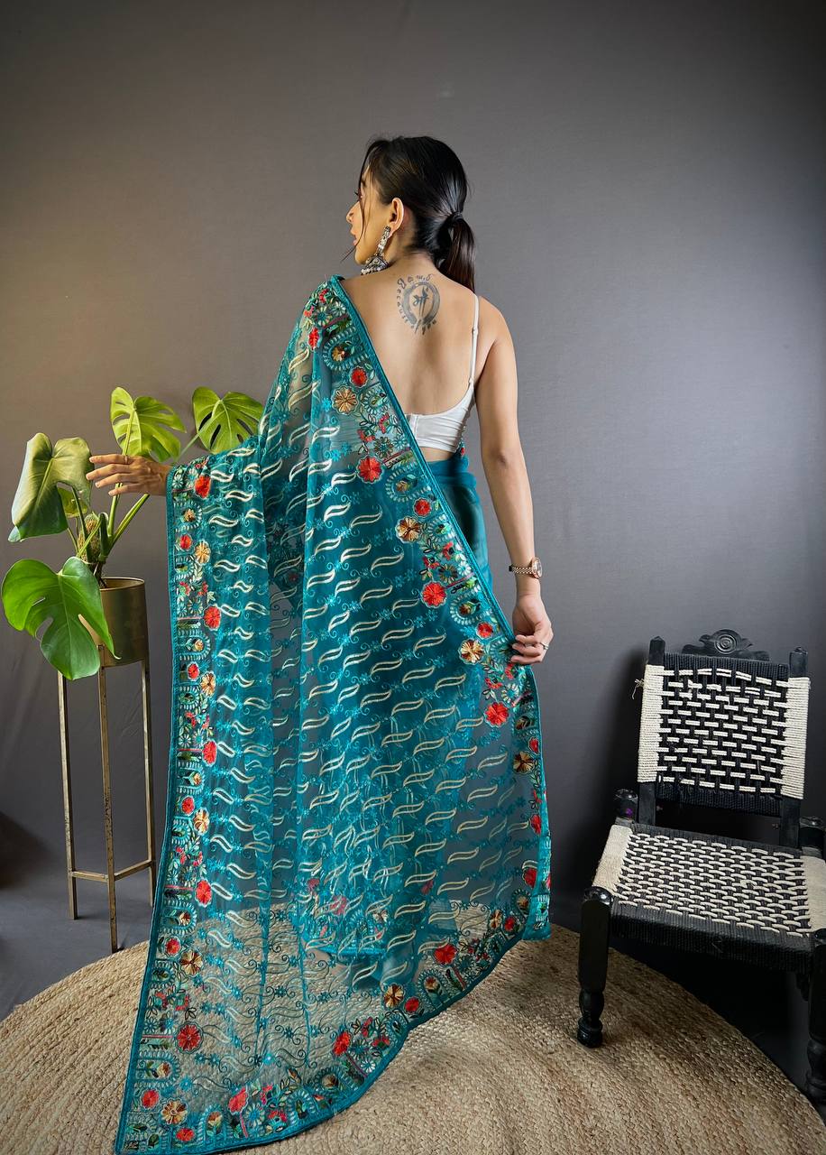 Teal Designer Butterfly Net Saree