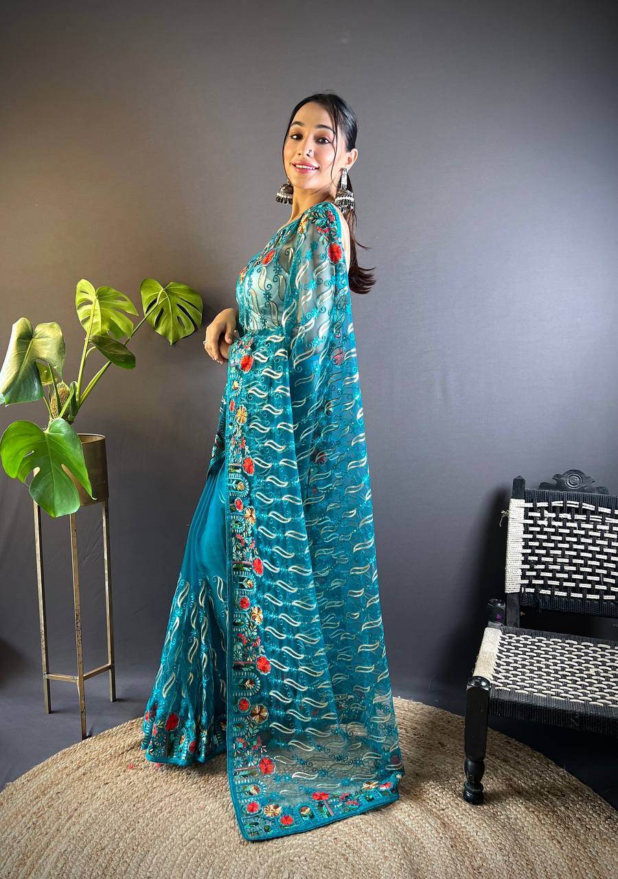 Teal Designer Butterfly Net Saree