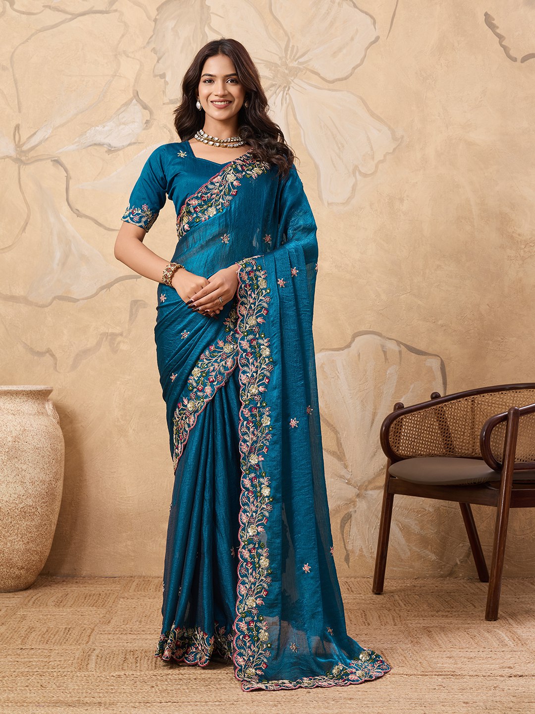 Teal Designer Fandy Chiffon Silk Saree
