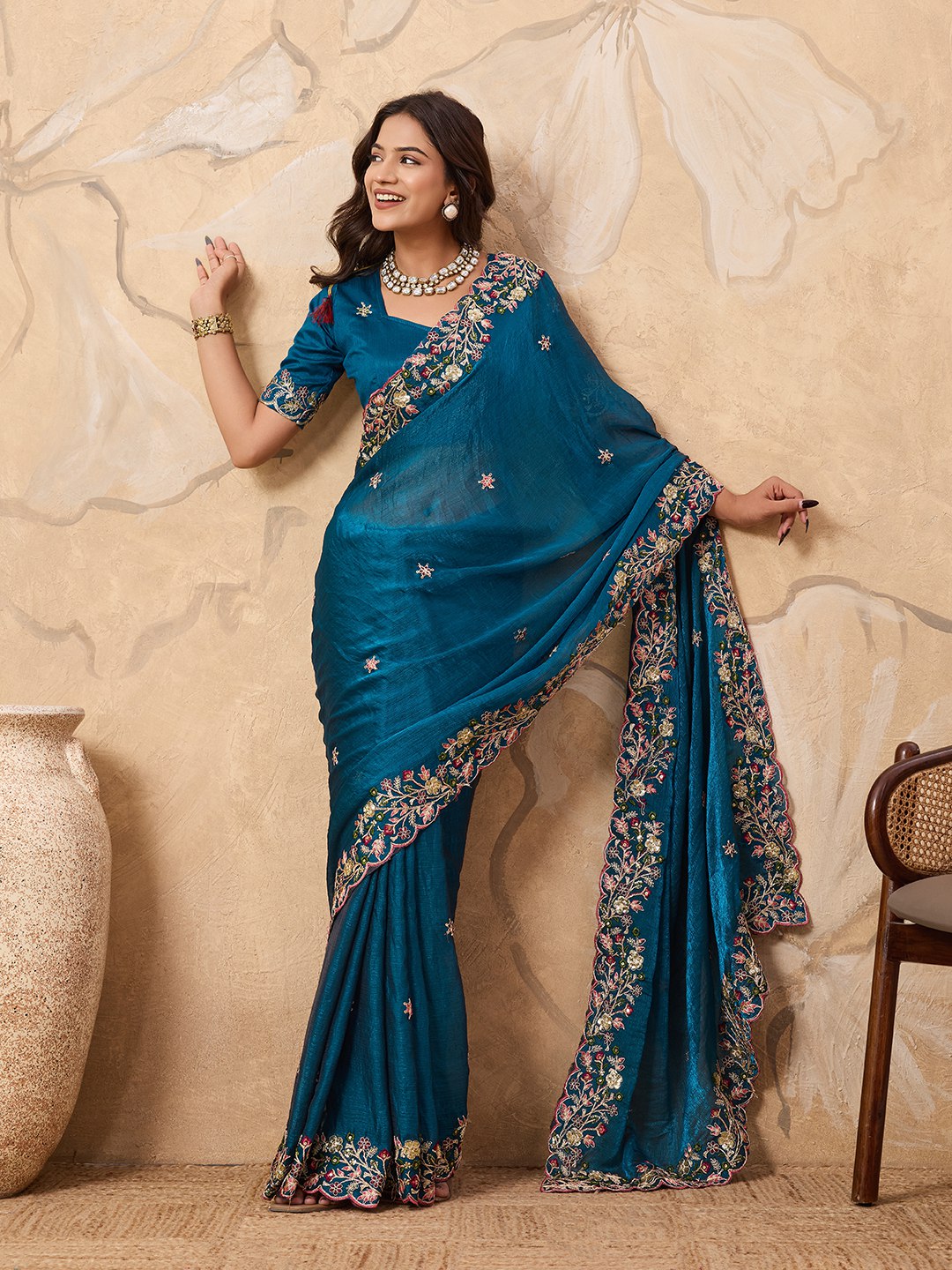 Teal Designer Fandy Chiffon Silk Saree