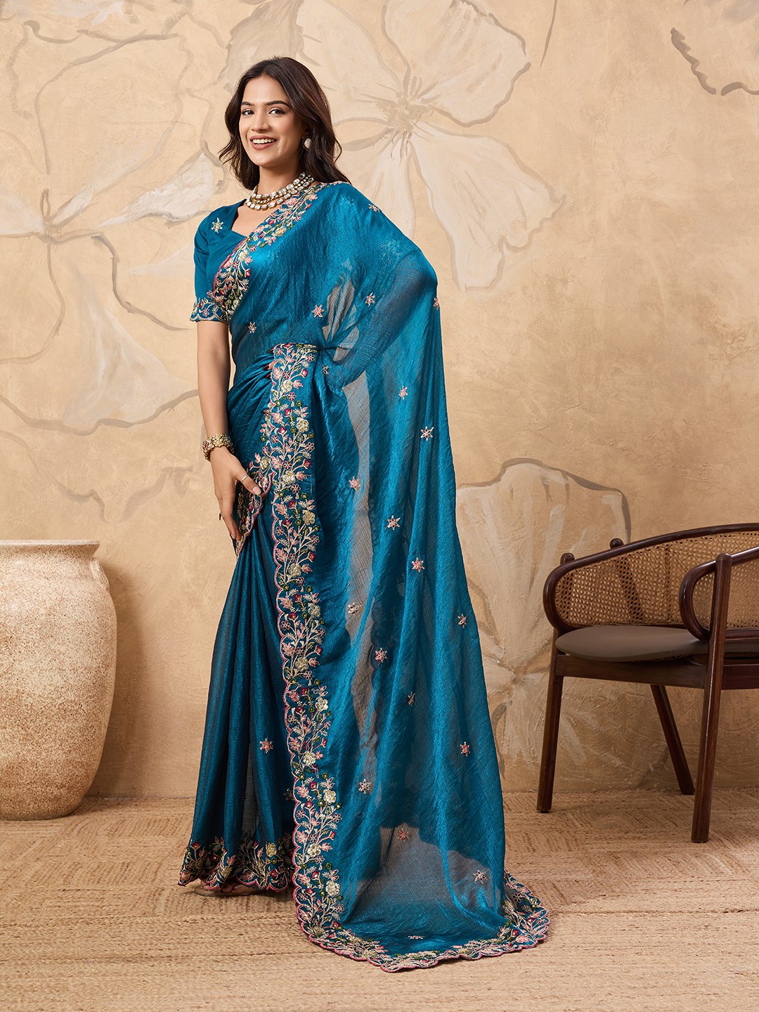 Teal Designer Fandy Chiffon Silk Saree