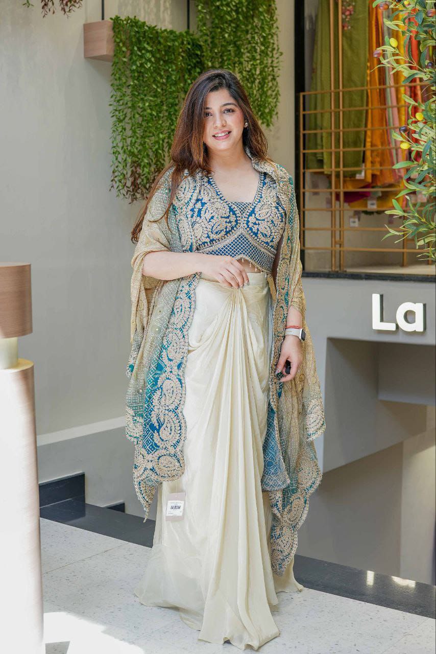 Teal Designer Indo-Western Draped Saree Set