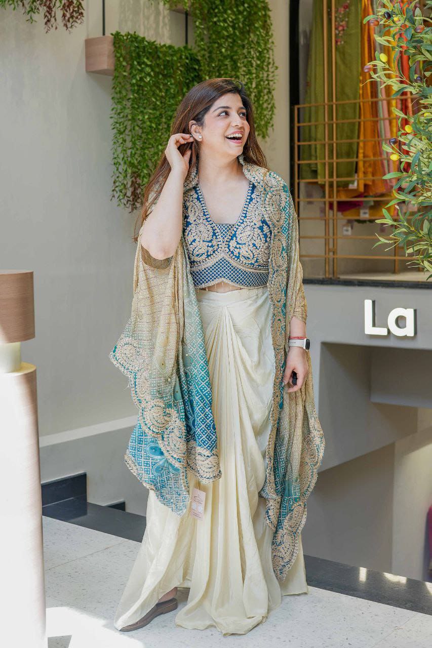Teal Designer Indo-Western Draped Saree Set