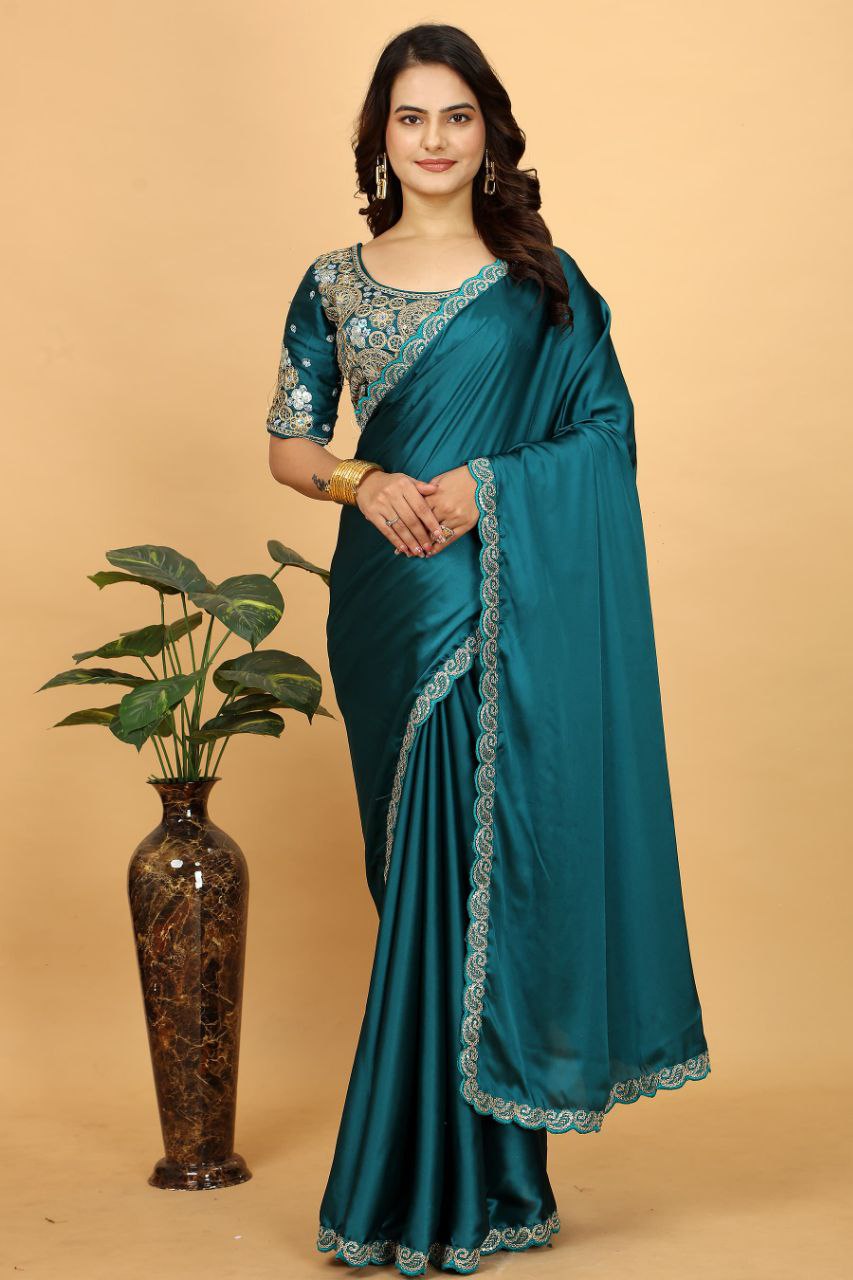 Teal Designer Japan Satin Saree