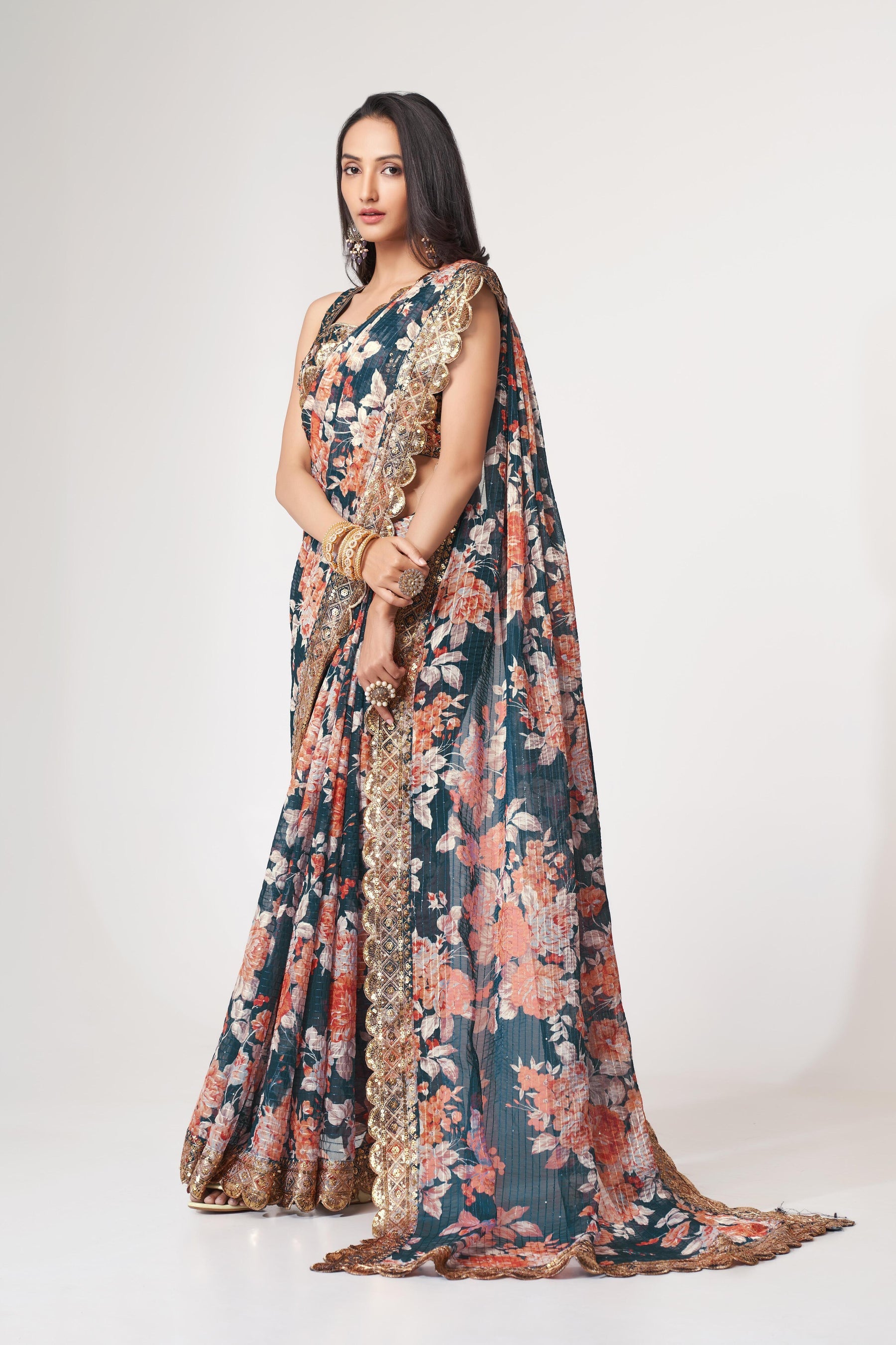Teal Floral Printed Organza Saree With Blouse | 100% Original Saree