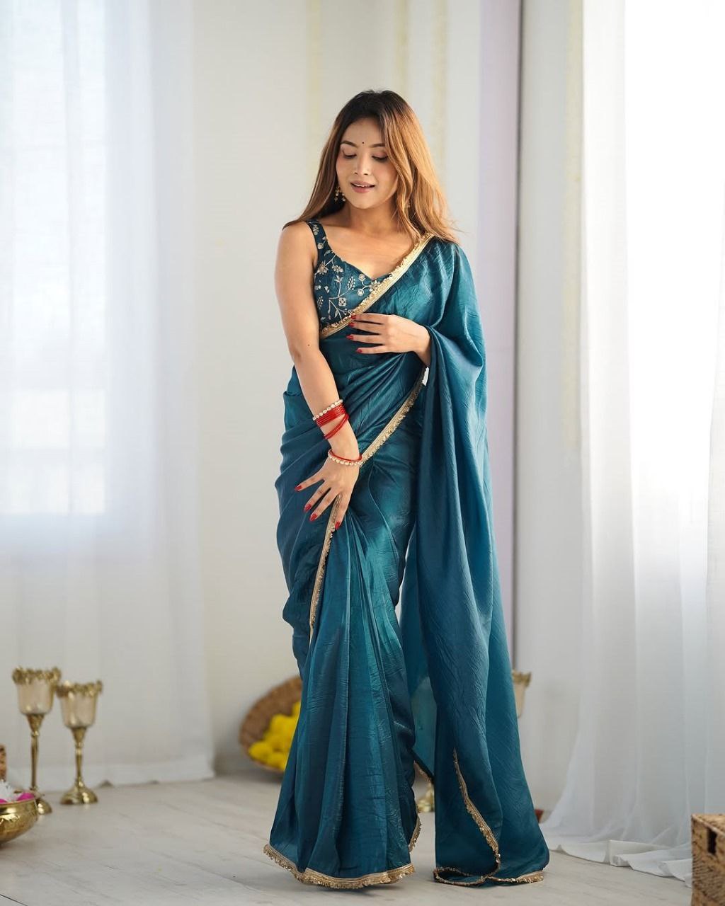 Teal Gold Crush Silk Saree