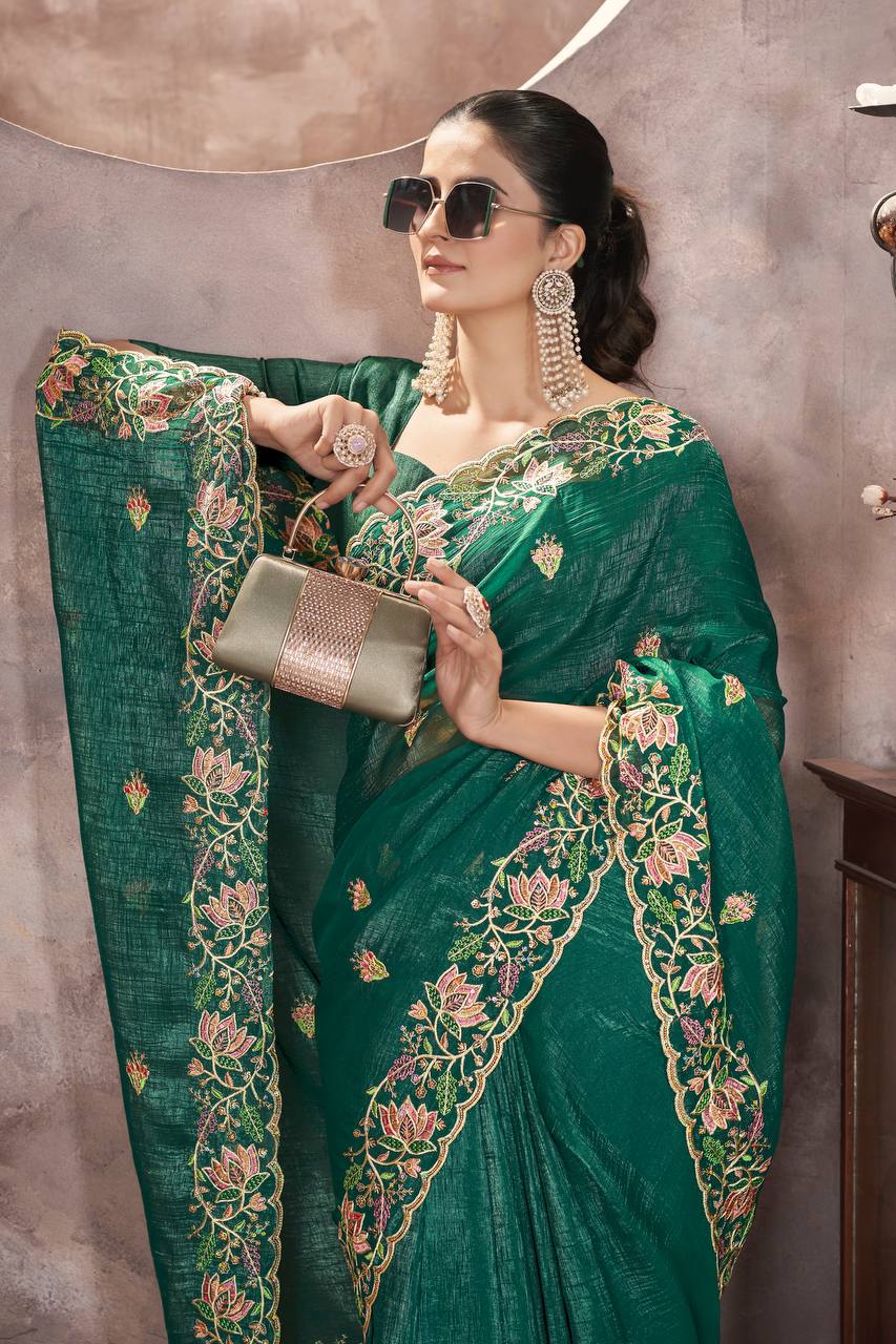 Teal Green Gold Crunchy Silk Saree