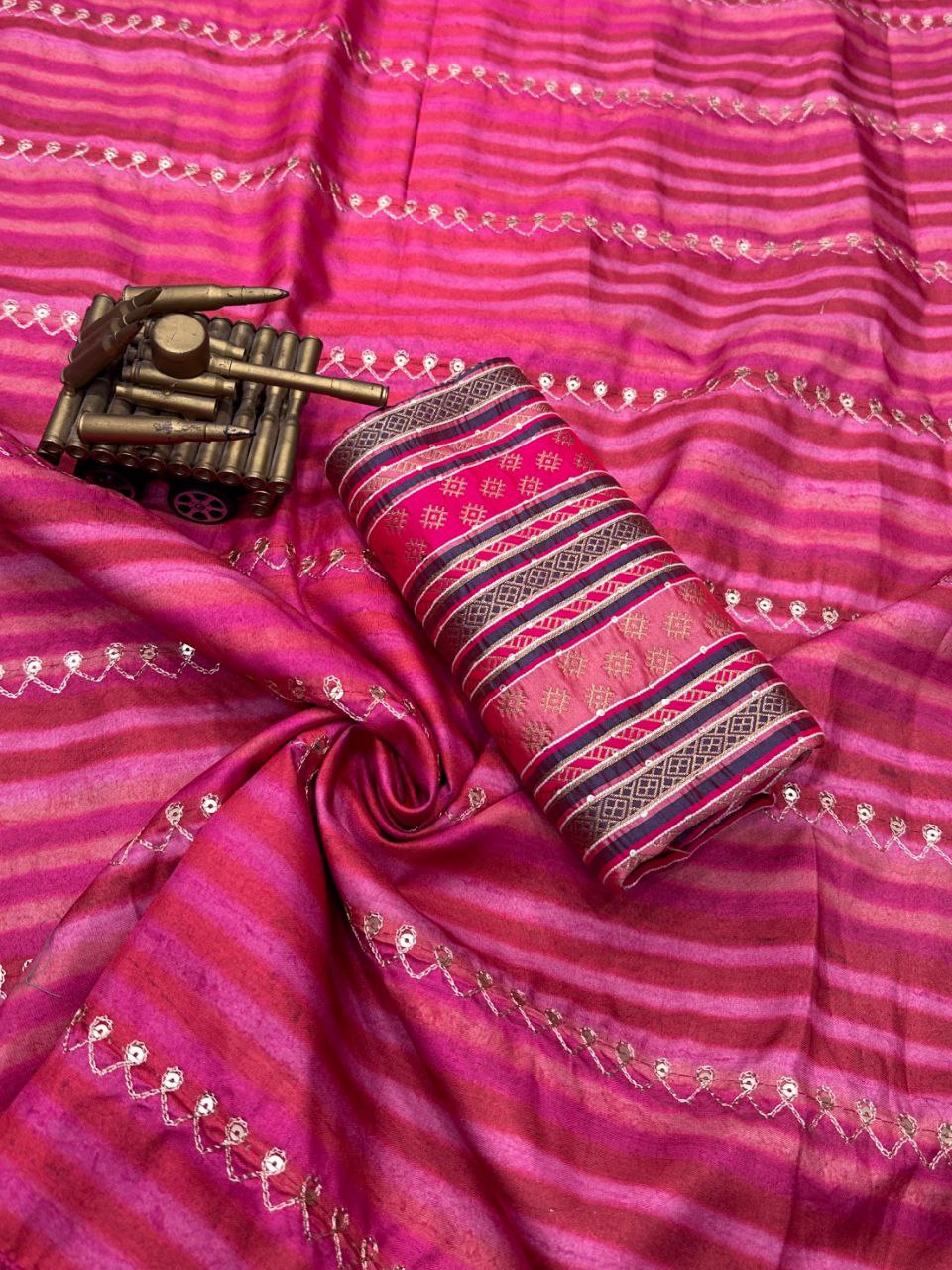 Rani Pink Leheriya Printed Tussar Silk Saree