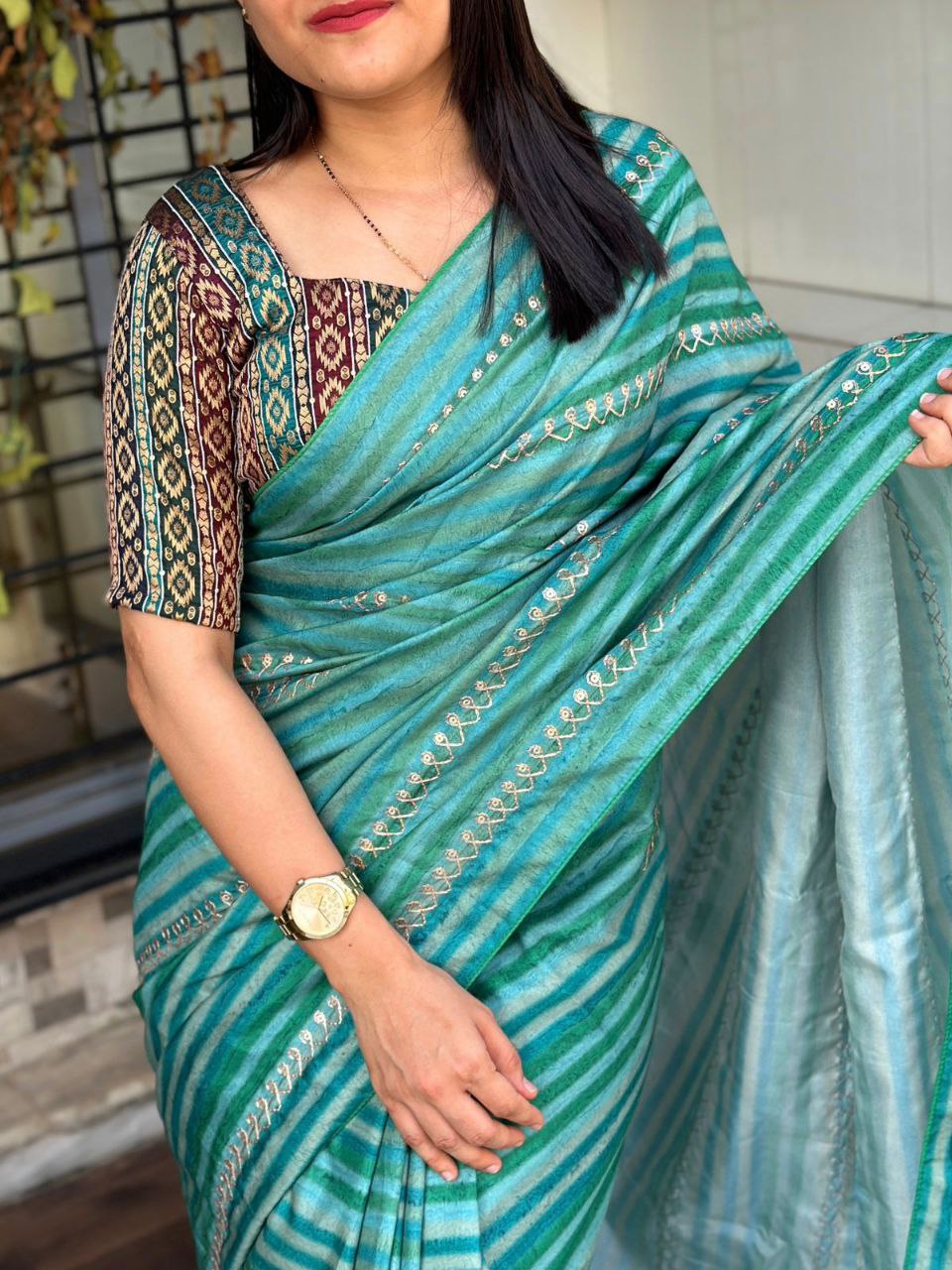 Teal Leheriya Printed Tussar Silk Saree