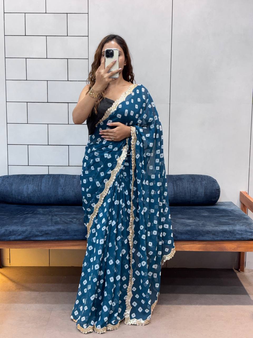 Teal Leriya Printed Bandhej Soft Georgette Saree