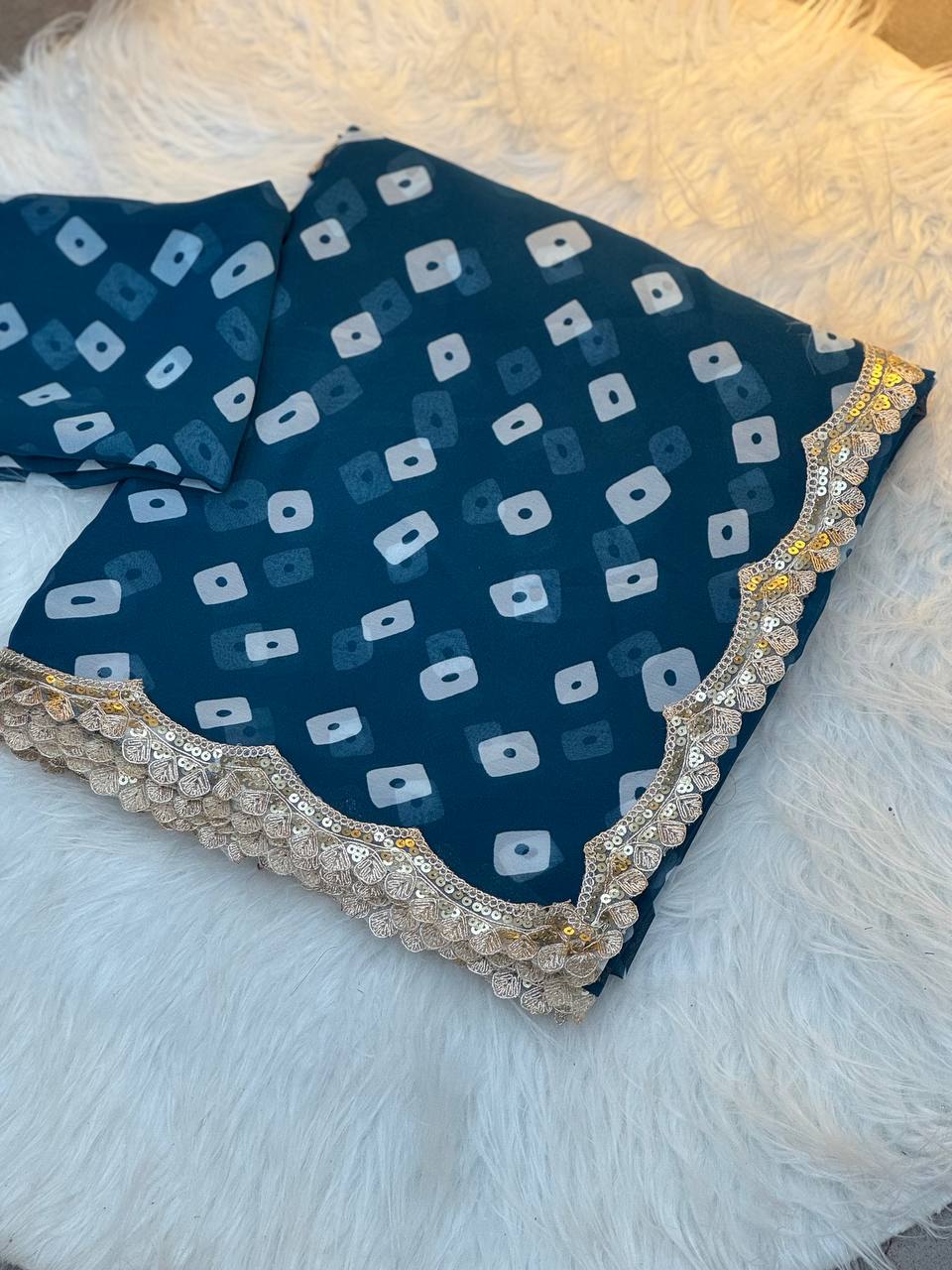 Teal Leriya Printed Bandhej Soft Georgette Saree