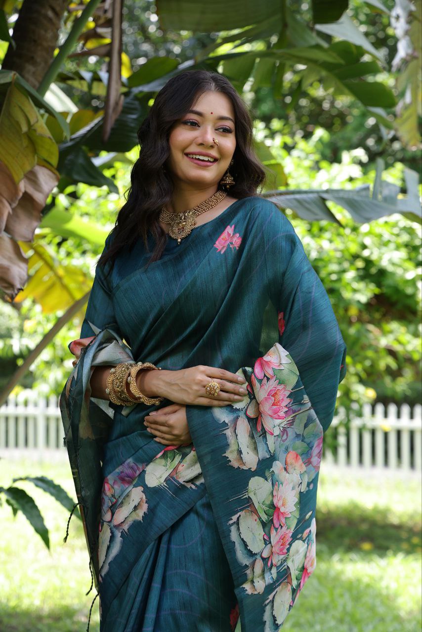 Teal Lotus Printed Tussar Silk Saree