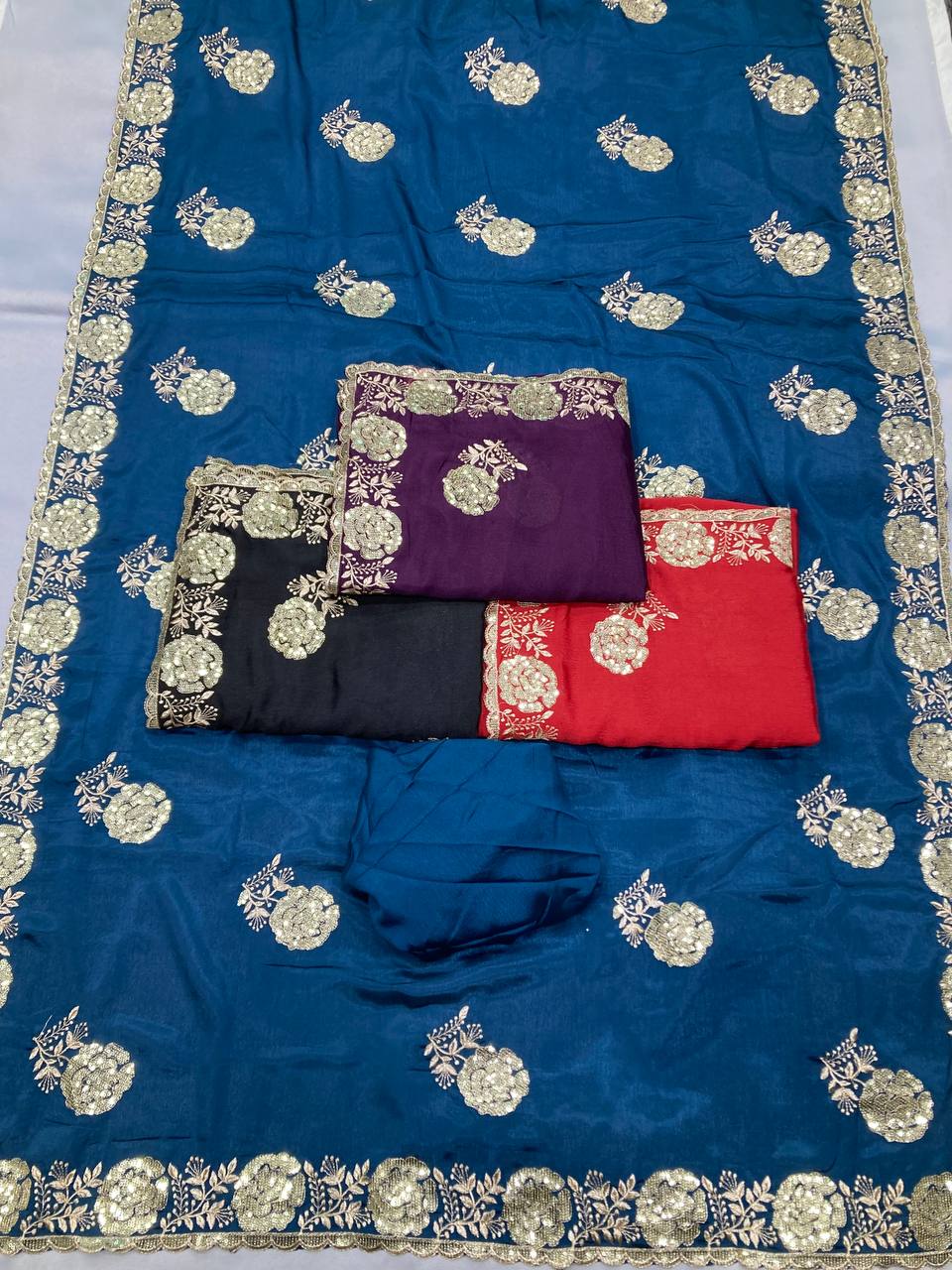 Black Party Wear Chinon Silk Saree