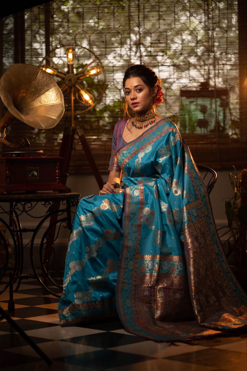 Teal Traditional Banarasi Silk Saree