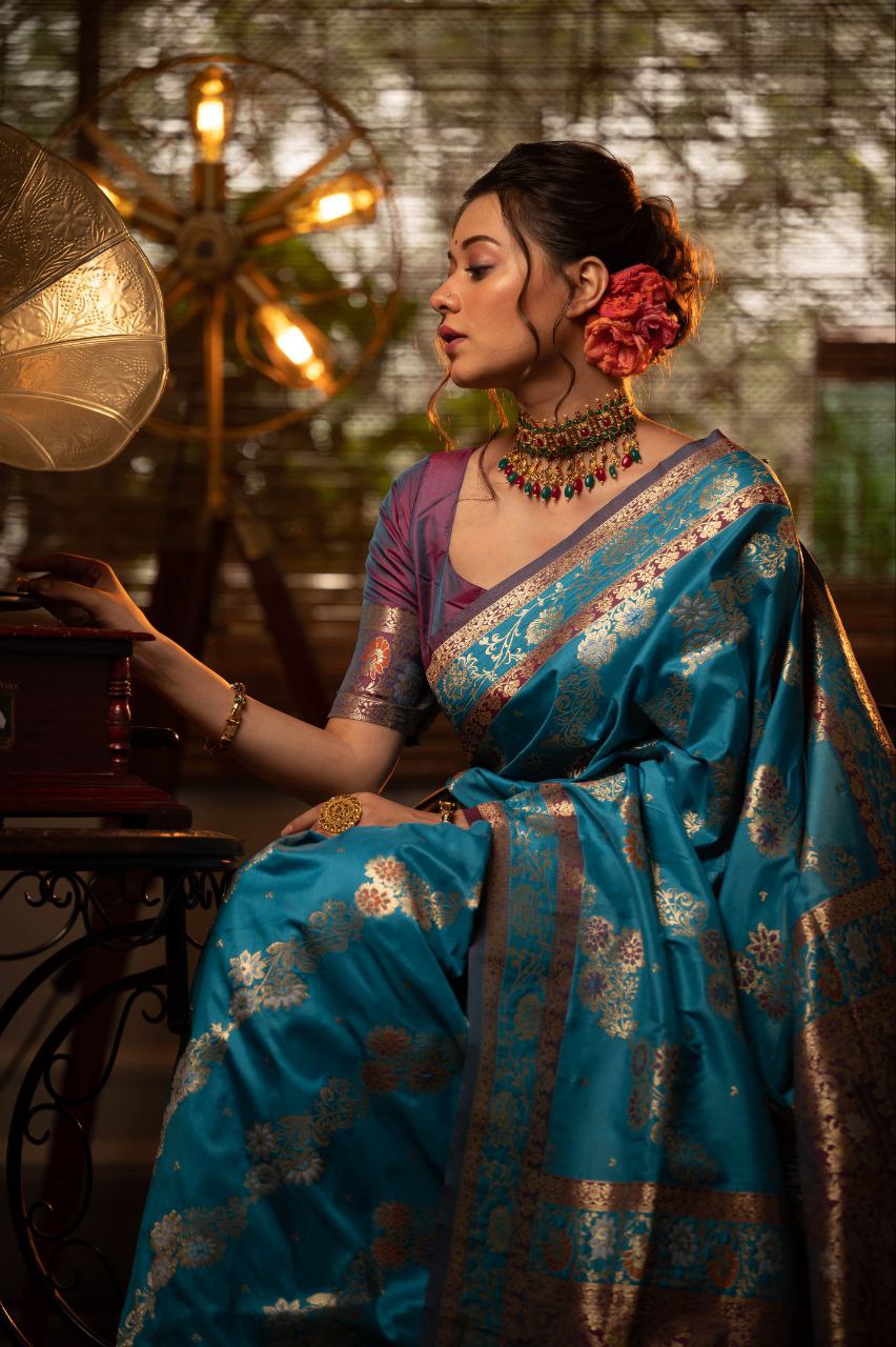 Teal Traditional Banarasi Silk Saree