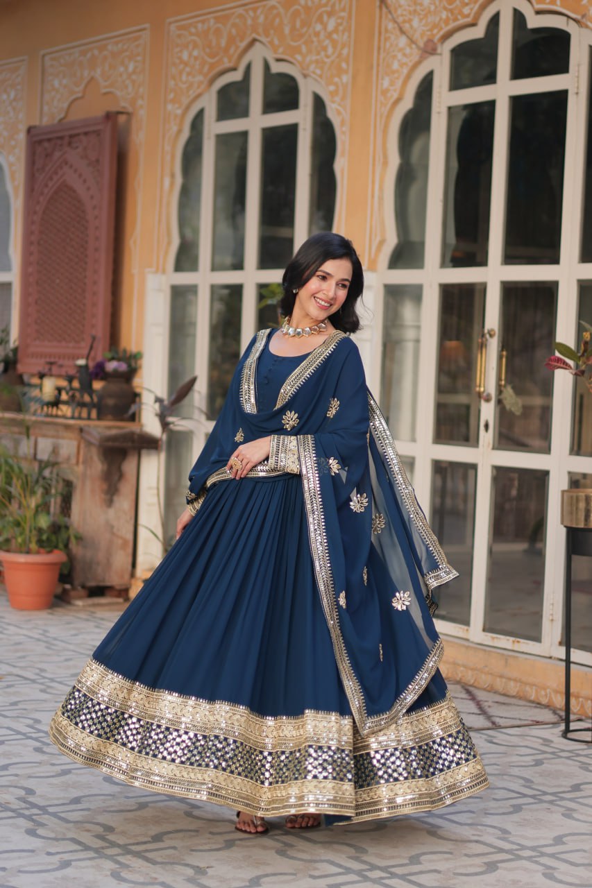 Teal Traditional Indian Gown Dress With Dupatta