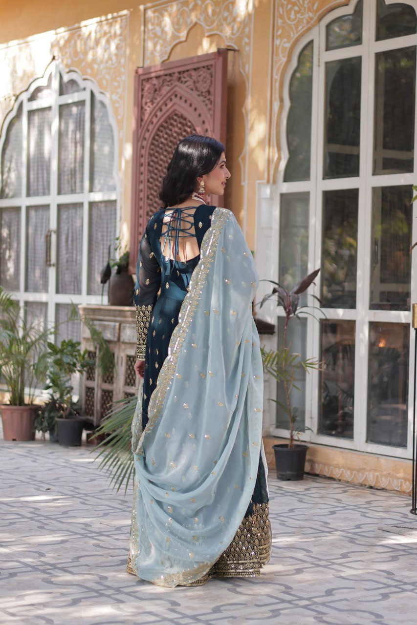 Teal Traditional Indian Gown Dress With Dupatta
