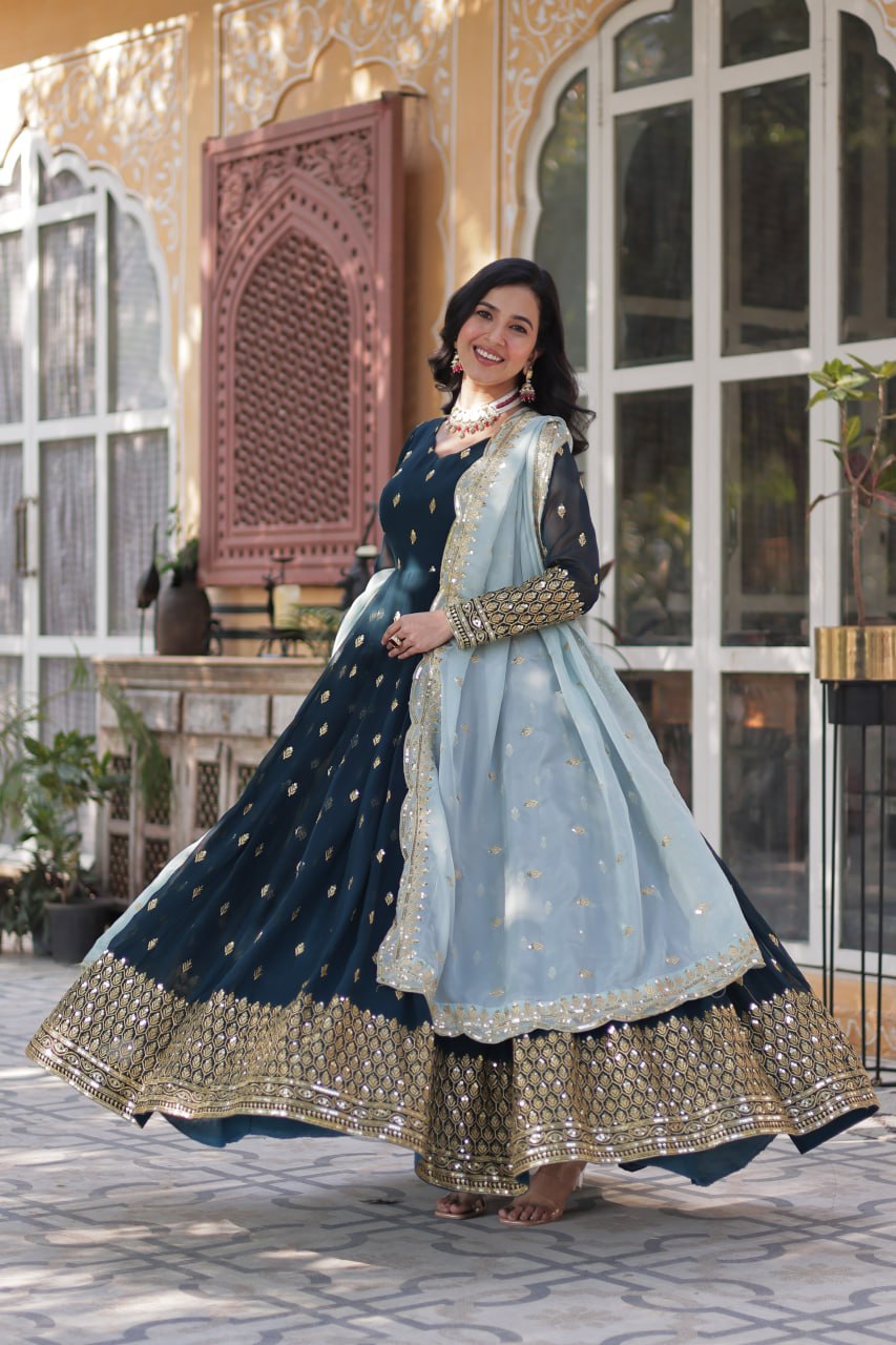 Teal Traditional Indian Gown Dress With Dupatta