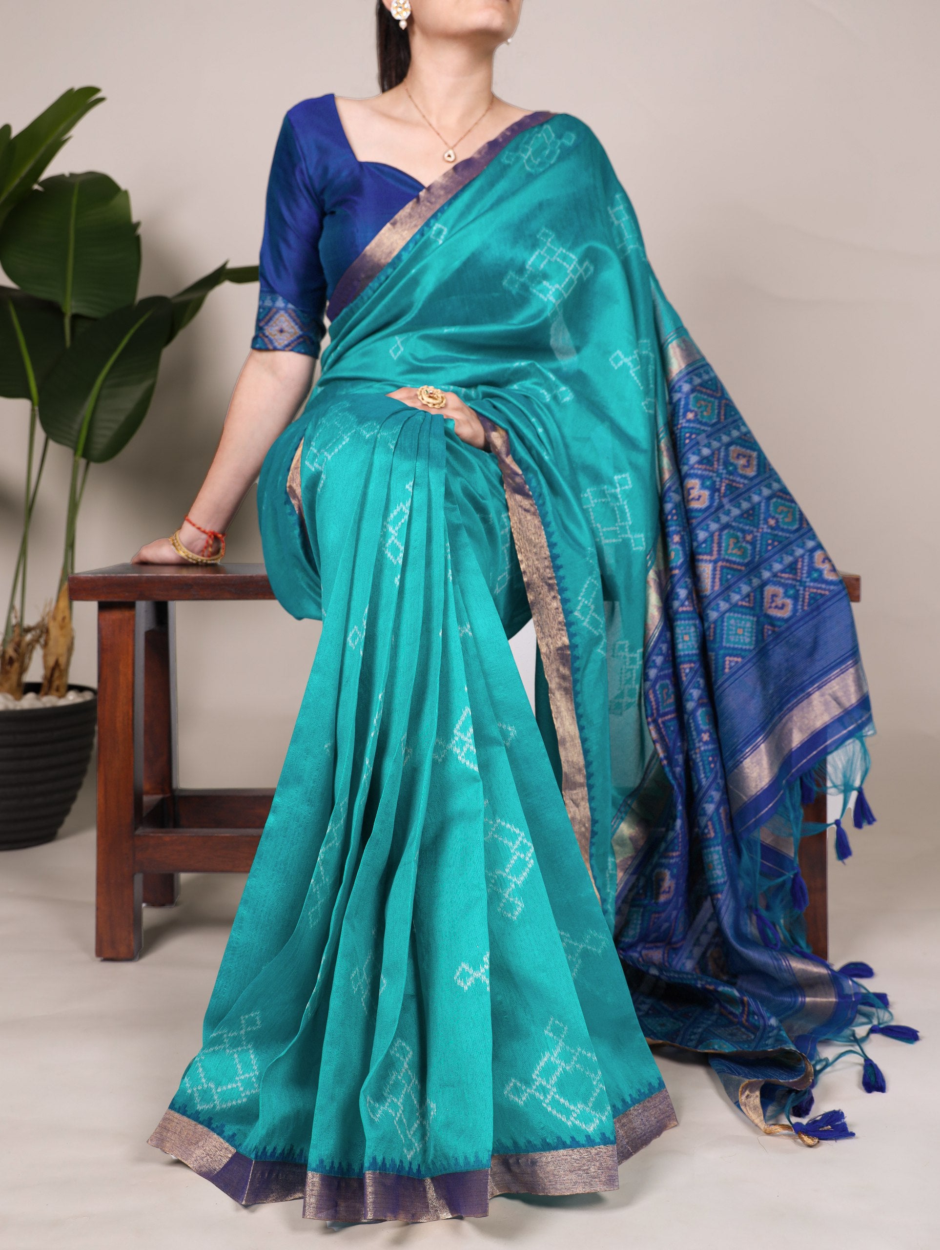 Teal Traditional Jacquard Silk Saree