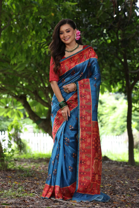 Teal Traditional Tussar Silk Saree