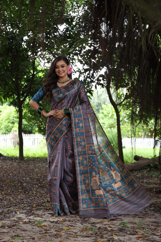 Grey Traditional Tussar Silk Saree