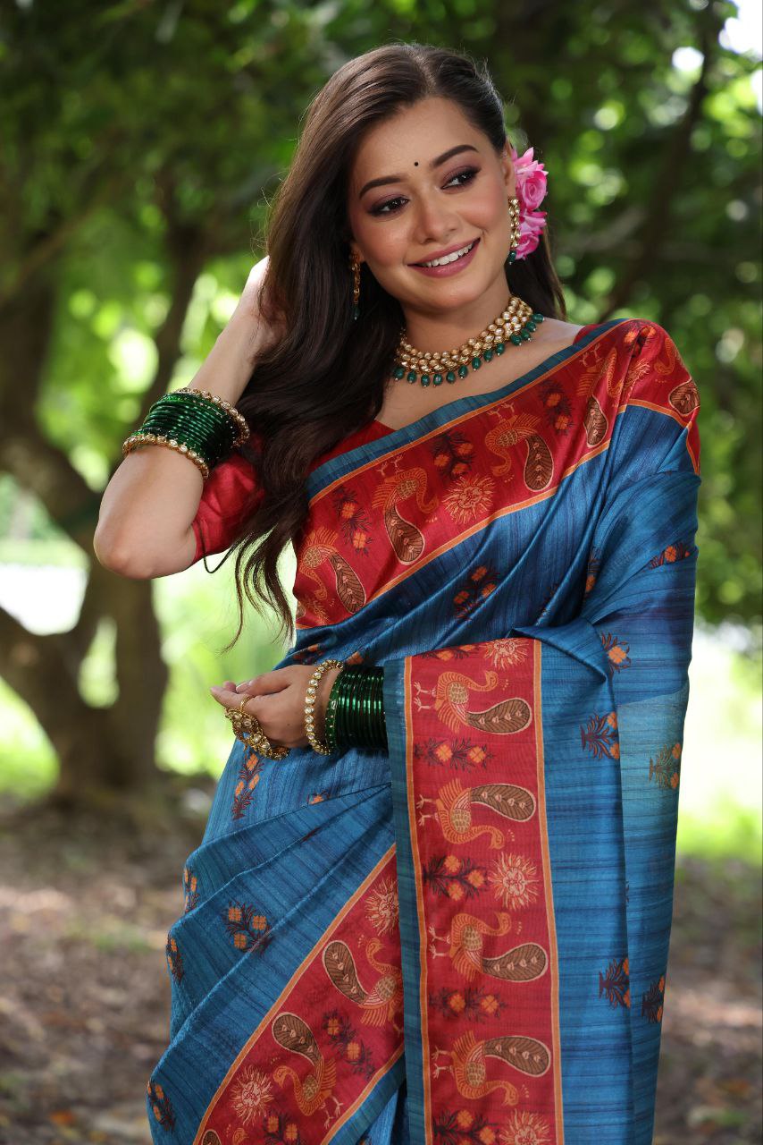 Teal Traditional Tussar Silk Saree