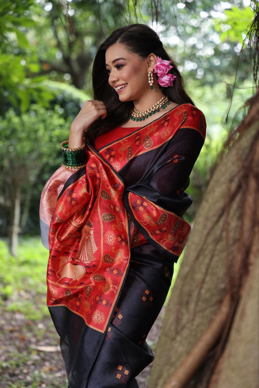 Black Traditional Tussar Silk Saree