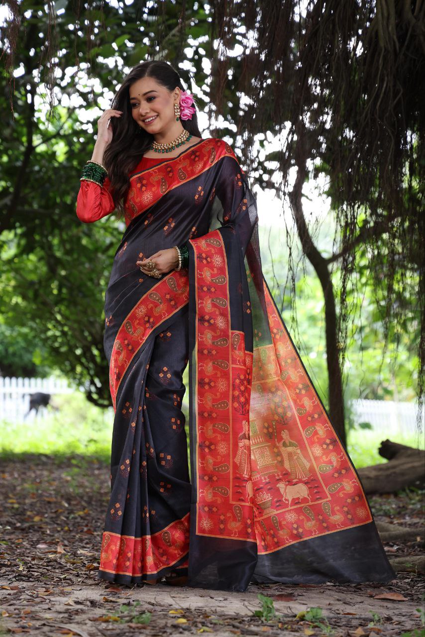 Black Traditional Tussar Silk Saree