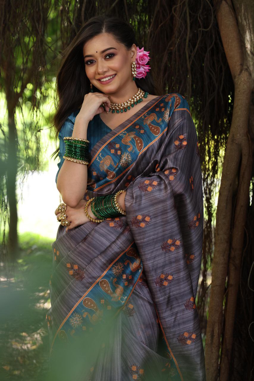 Grey Traditional Tussar Silk Saree