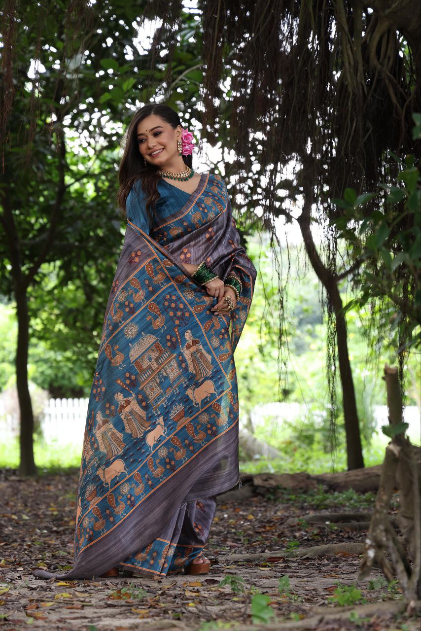 Grey Traditional Tussar Silk Saree