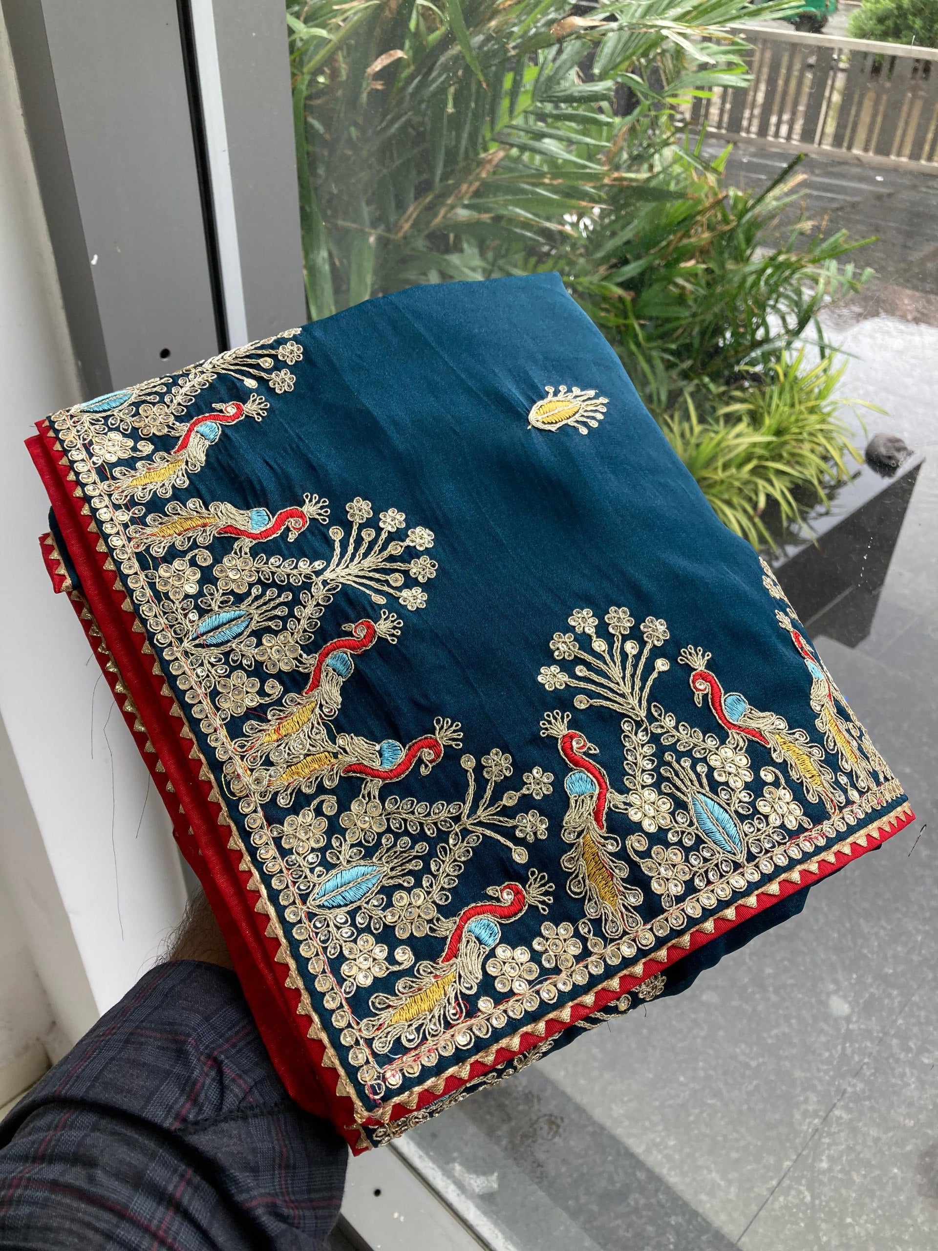 Teal Wedding Wear Georgette Silk Saree