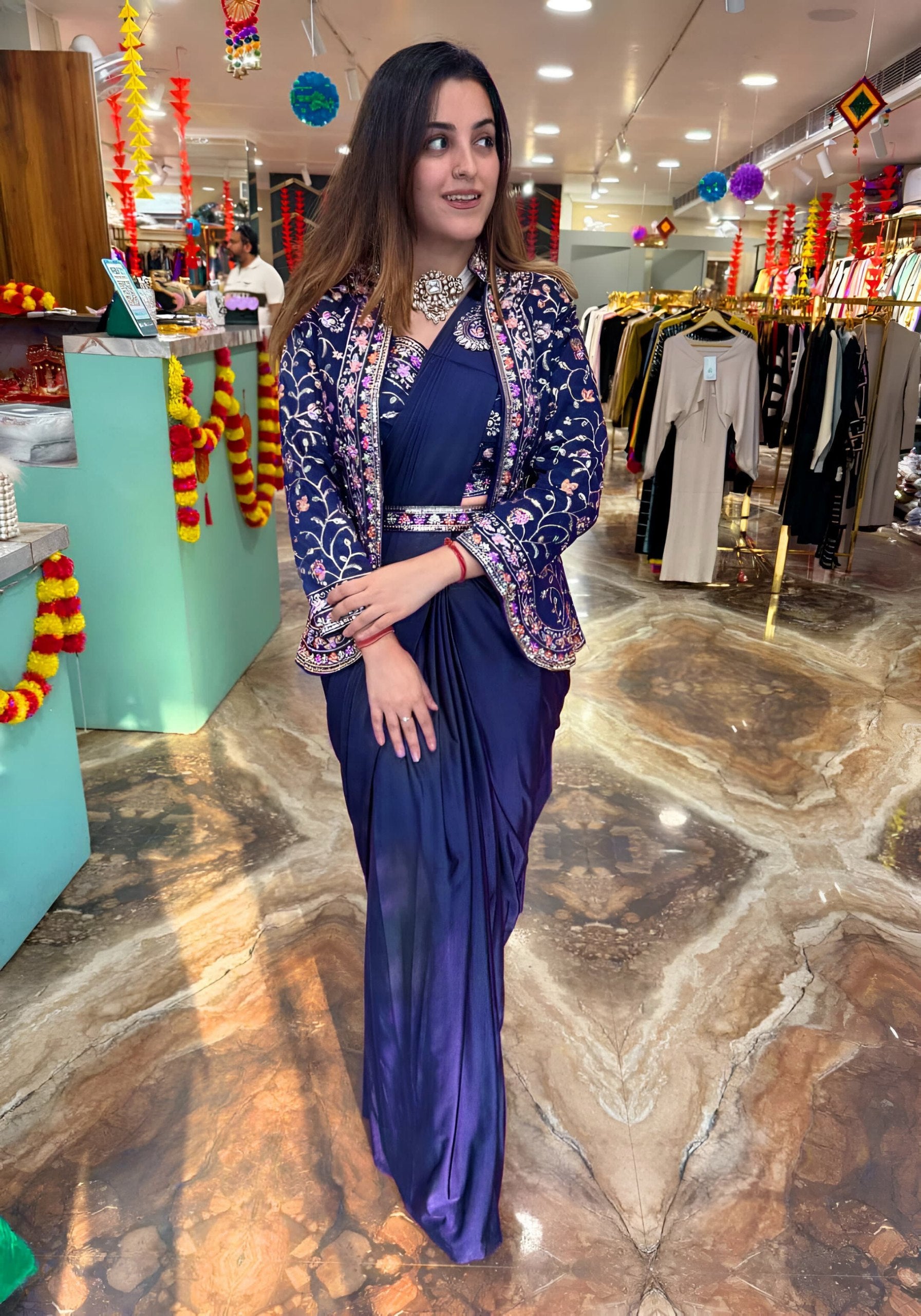 Tealish Blue Ready To Wear Diamond Satin Silk Saree