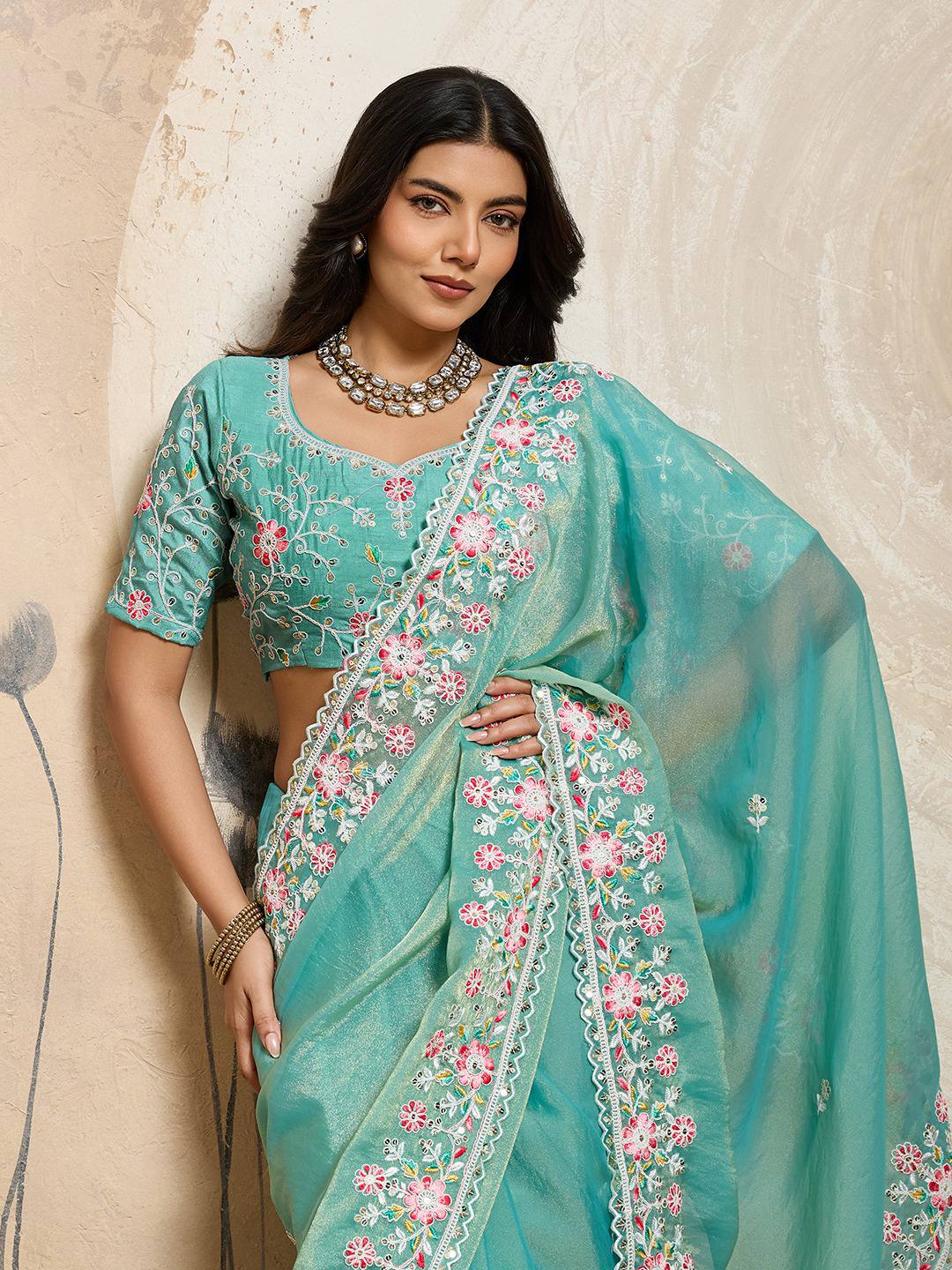Tourquise Blue Party Wear Chiffon Saree