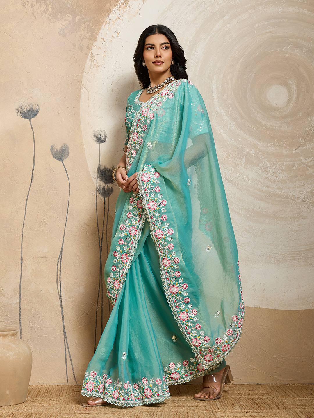 Tourquise Blue Party Wear Chiffon Saree