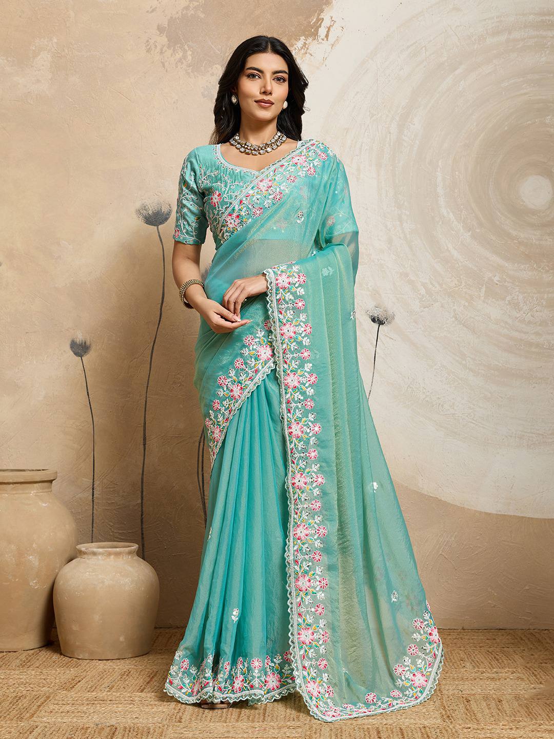Tourquise Blue Party Wear Chiffon Saree