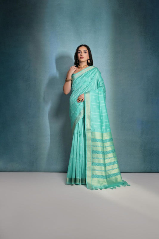 Pearl Aqua Ikkat Weaving Raw Silk Saree