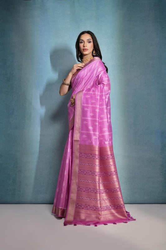 Grape Purple Ikkat Weaving Raw Silk Saree