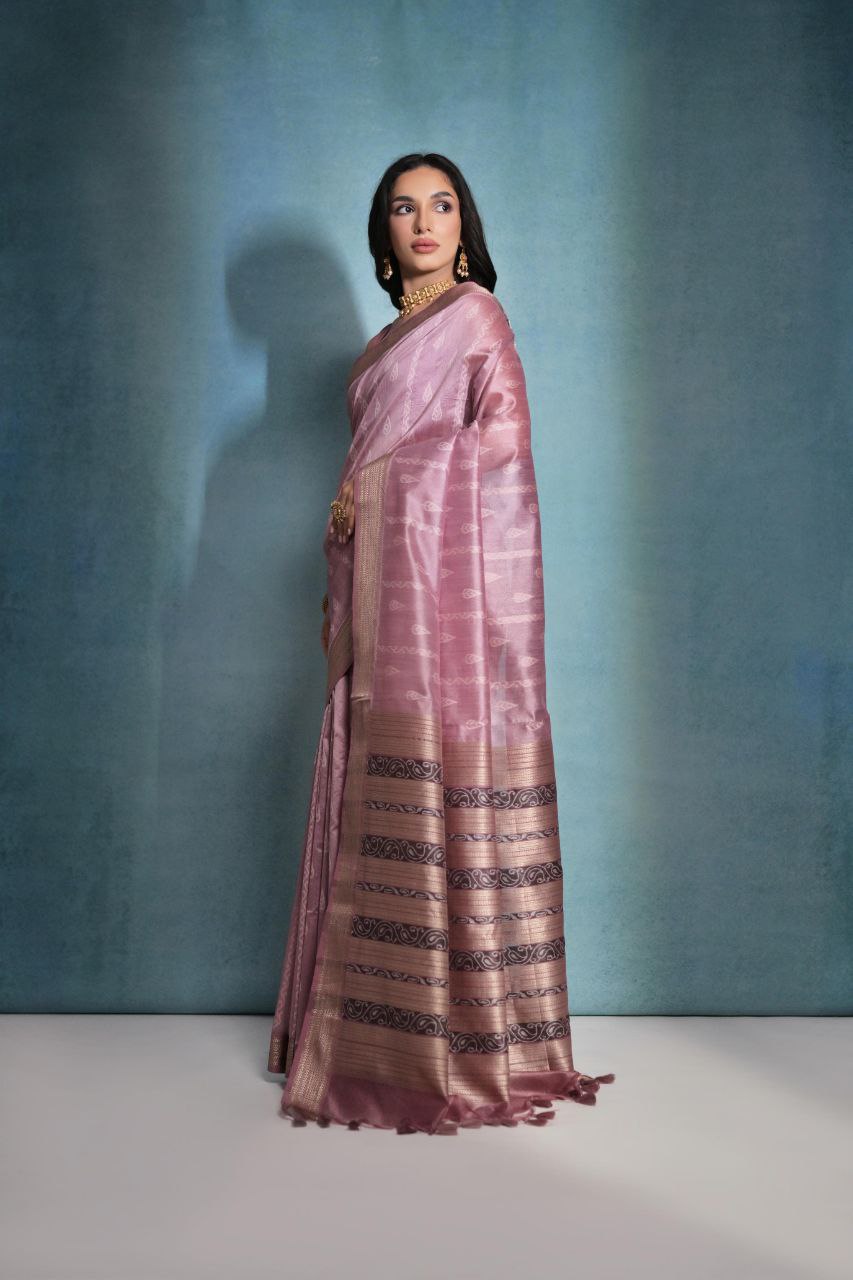 Light Wine Ikkat Weaving Raw Silk Saree