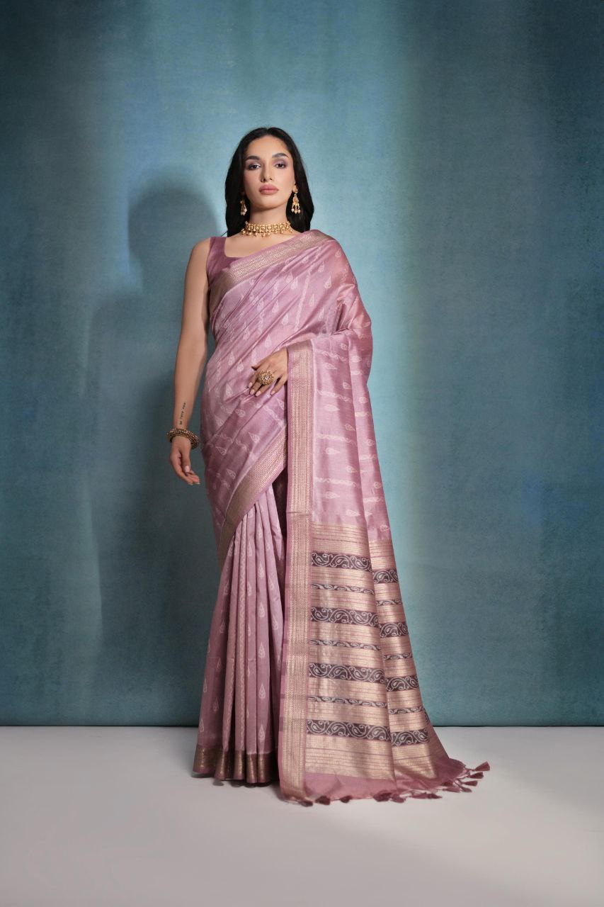 Light Wine Ikkat Weaving Raw Silk Saree