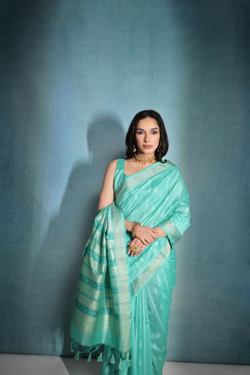 Pearl Aqua Ikkat Weaving Raw Silk Saree