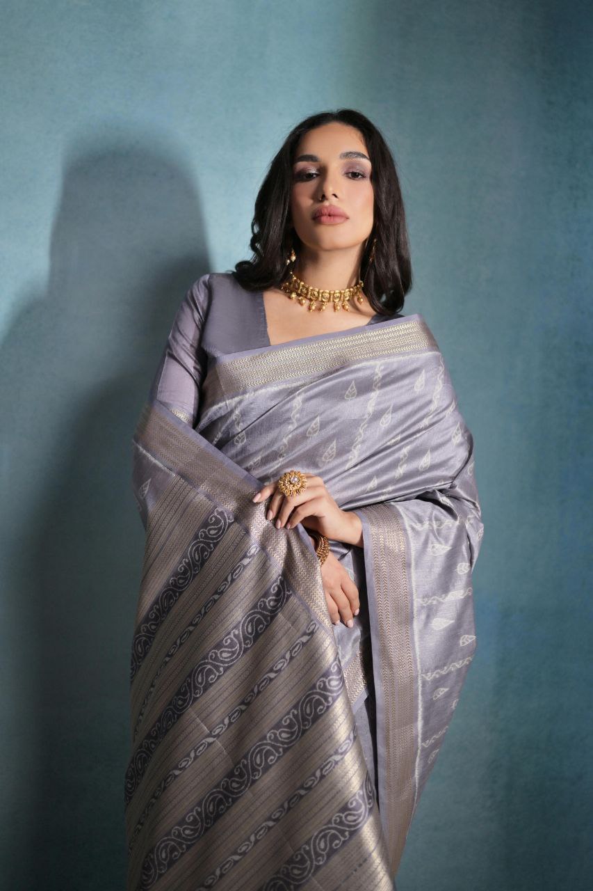 Gray Purple Ikkat Weaving Raw Silk Saree