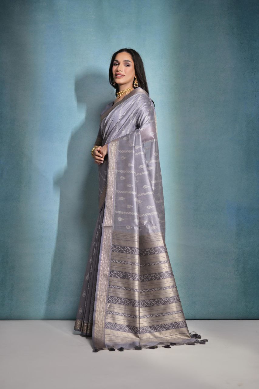 Gray Purple Ikkat Weaving Raw Silk Saree