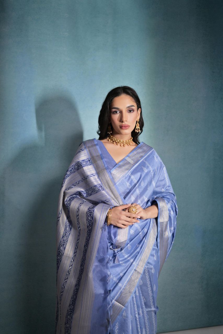 Dusky Blue Ikkat Weaving Raw Silk Saree