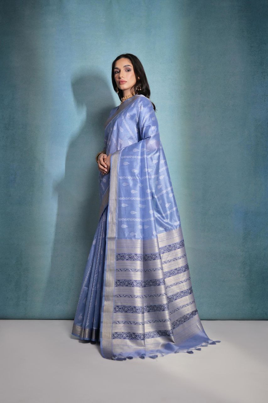 Dusky Blue Ikkat Weaving Raw Silk Saree