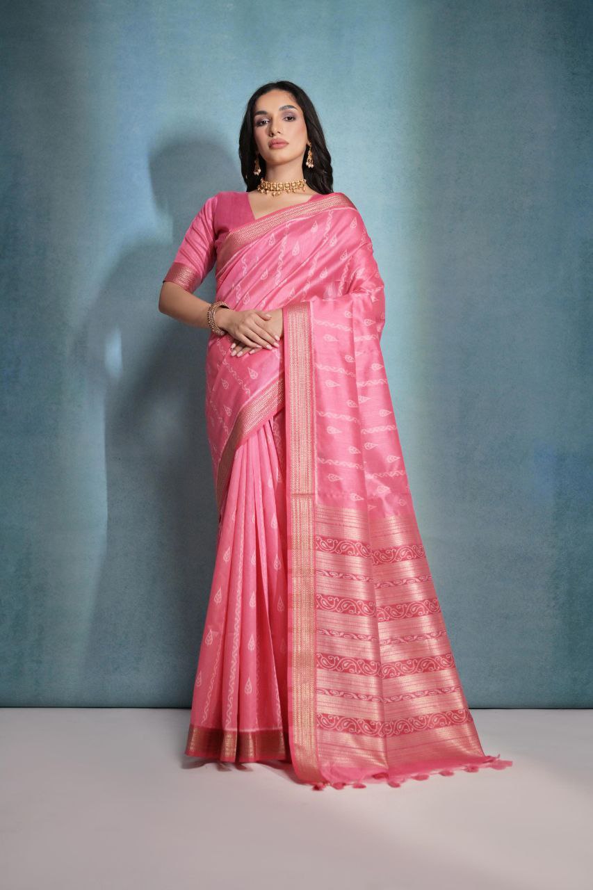 Carmin Pink Aqua Ikkat Weaving Raw Silk Saree